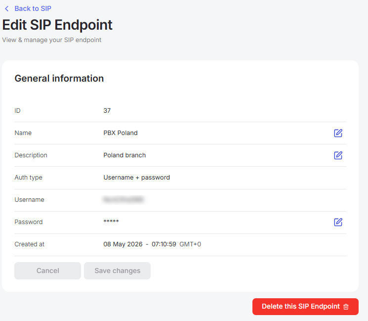 Portal SIP edit page with general info pencil icons and Delete button