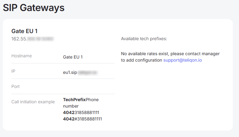 Portal SIP Gateways card for Gate EU 1 with hostname and prefixes note