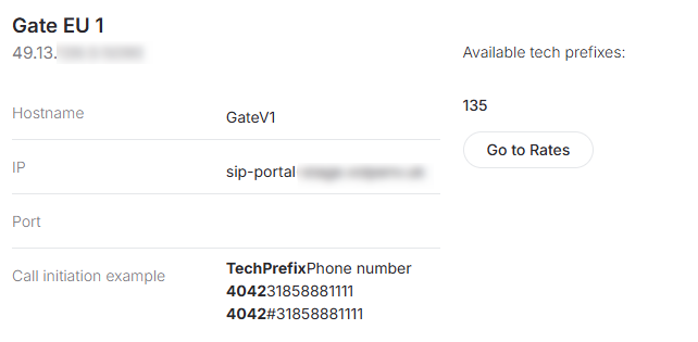 Portal SIP Gate EU 1 card showing 135 tech prefixes and Go to Rates