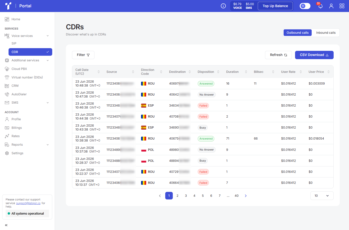 Portal voice services CDR page with sidebar, outbound calls table and tabs