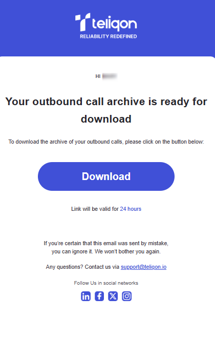 Portal voice services email that outbound call archive is ready to download