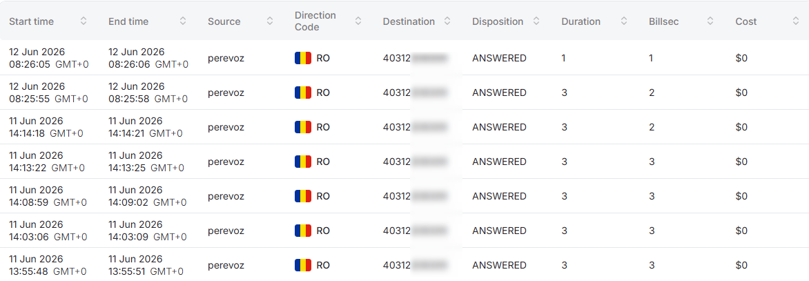 Portal voice services inbound CDR table with start time, source, and cost
